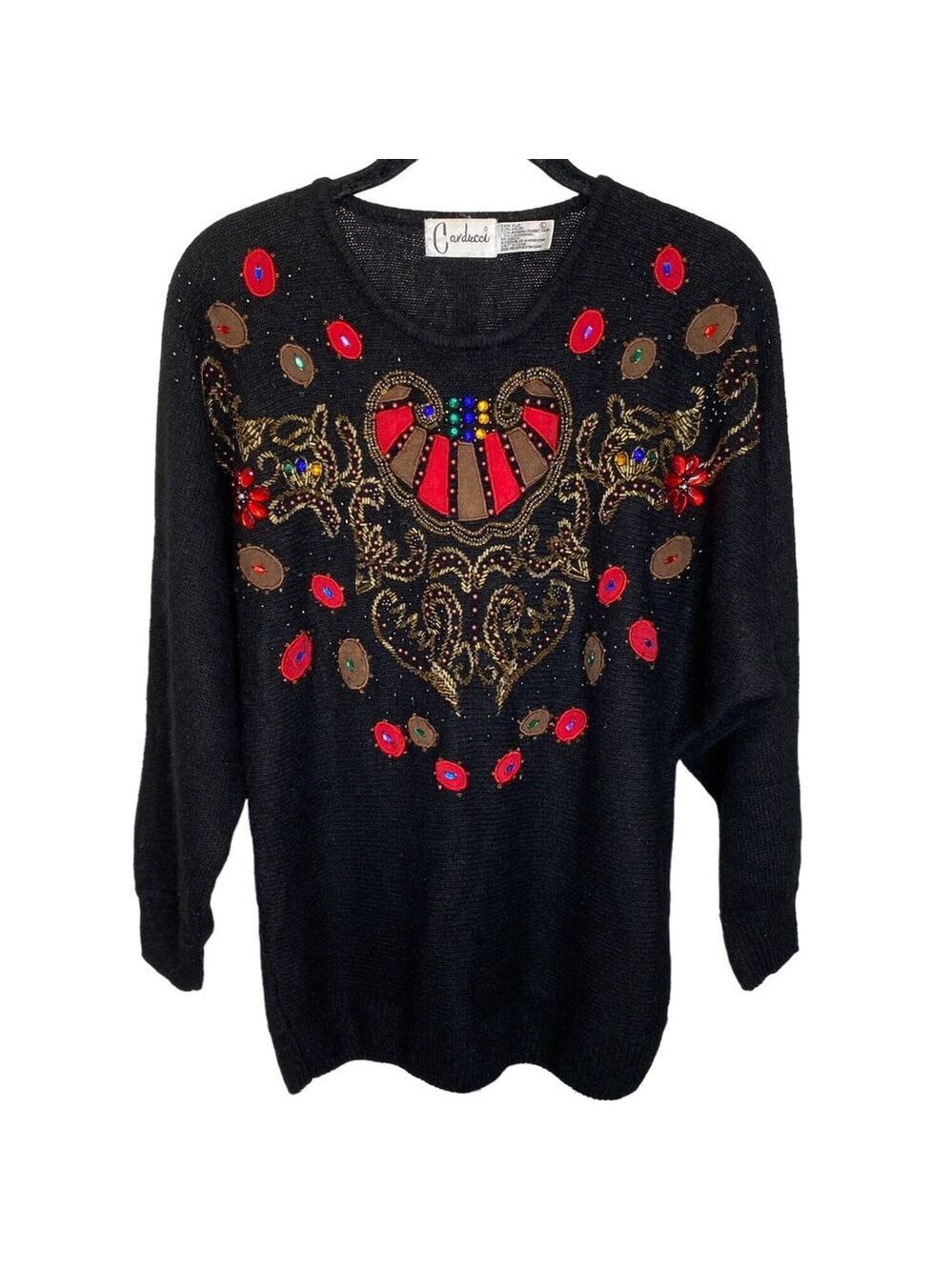 Carducci Black Multi Silk Angora Blend Rhinestone Sequin Sweater Sz L Vintage 80